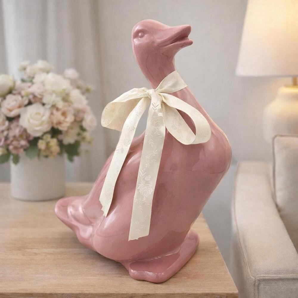 Large Pink Ceramic Duck Figurine Vintage Farmhouse Decor 14”